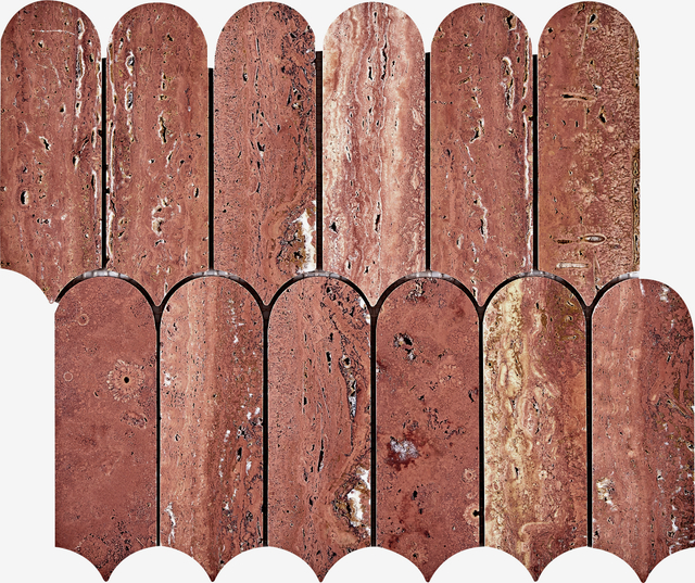 Red Travertine Feather Arched Mosaic-TRR21